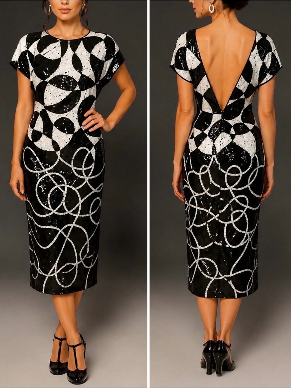 TADASHI VINTAGE 80s Sequin Mod Midi Dress‎